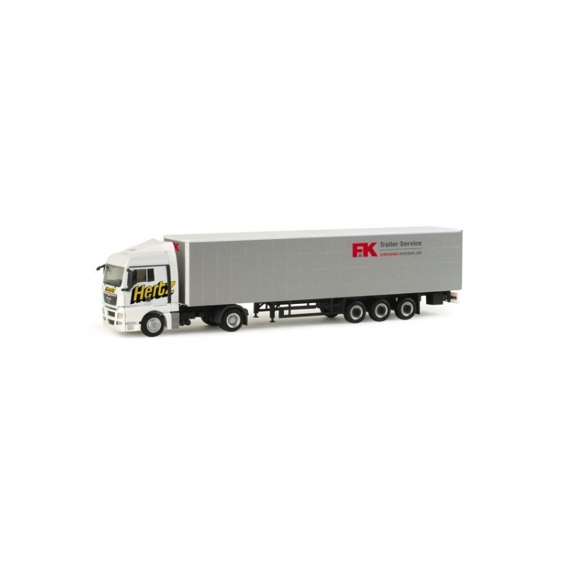 Model redukcyjny MAN TGX XLX, skala 1:87, Herpa. Biała ciężarówka z naczepą "Hertz / F&K".