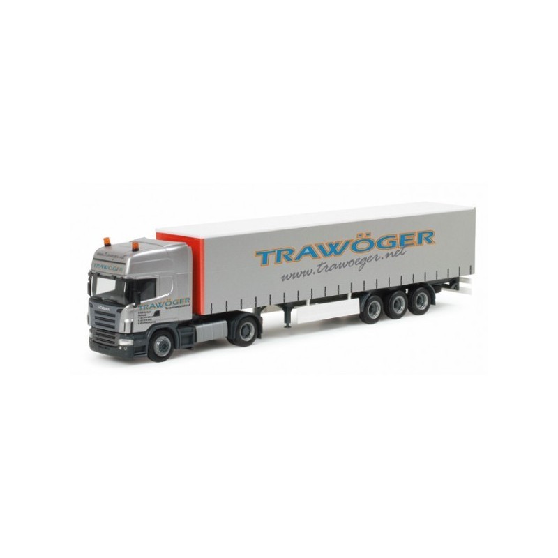 Model redukcyjny Scania R TL "Trawöger" (A), skala 1:87, Herpa. Szary ciągnik siodłowy z naczepą, logo Trawöger.