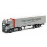 Model redukcyjny Scania R TL "Trawöger" (A), skala 1:87, Herpa. Szary ciągnik siodłowy z naczepą, logo Trawöger.