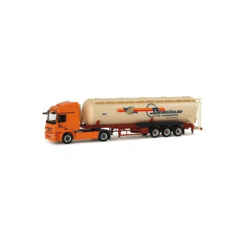 Model redukcyjny Mercedes Benz Actros L "Steinkühler", skala 1:87, Herpa. Pomarańczowy ciągnik siodłowy z białą cysterną.