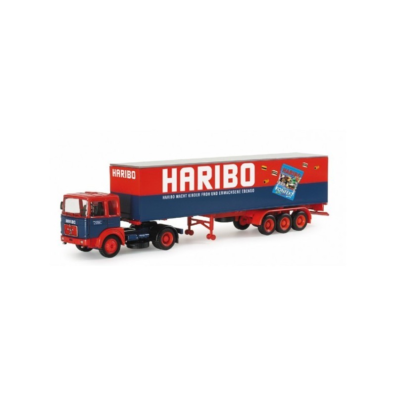 Model redukcyjny MAN F8 Haribo, skala 1:87, Herpa. Czerwono-niebieska ciężarówka z naczepą.