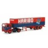 Model redukcyjny MAN F8 Haribo, skala 1:87, Herpa. Czerwono-niebieska ciężarówka z naczepą.
