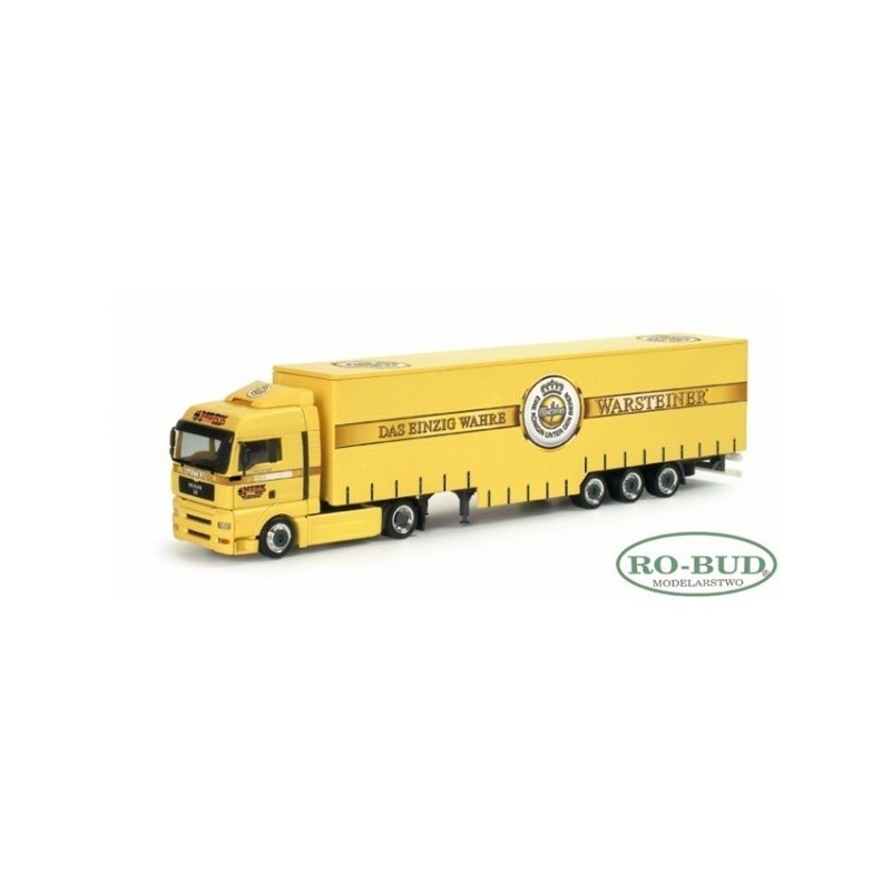 Model redukcyjny MAN TGA XLX "Warsteiner", skala 1:87, Herpa. Żółty samochód ciężarowy z logo Warsteiner.