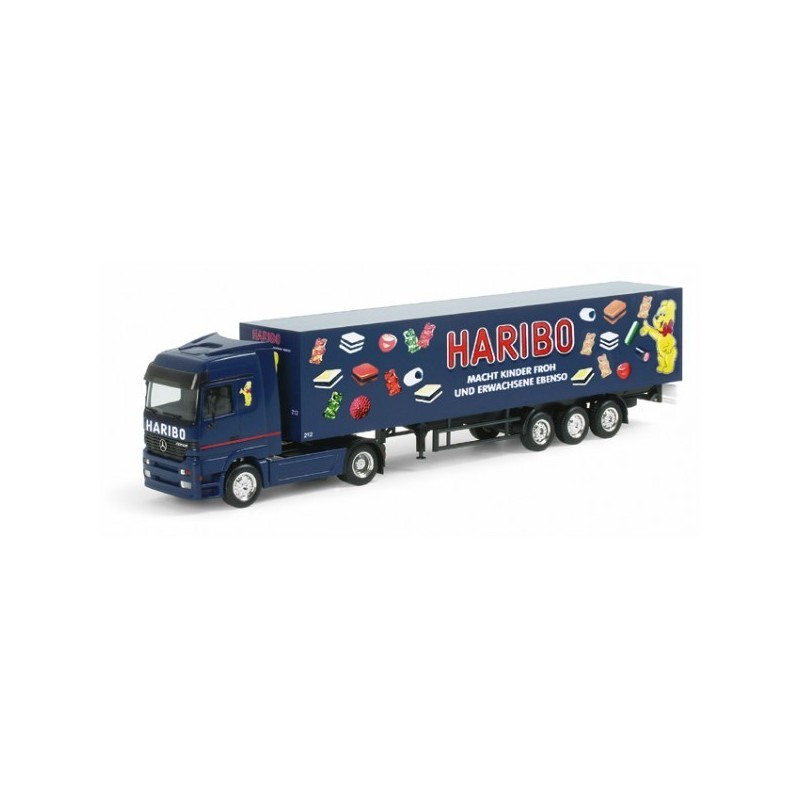Model redukcyjny Mercedes Benz Actros, skala 1:87, Herpa. Ciężarówka Haribo, naczepa z logo i produktami.