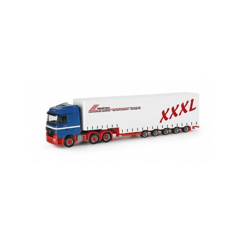 Mercedes-Benz Actros LH "Riwatrans", skala 1:87, Herpa. Niebieska kabina, biała naczepa z logo Riwatrans i oznaczeniem XXXL.