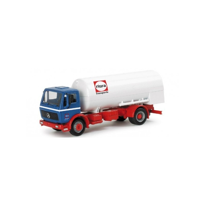 Model redukcyjny Mercedes-Benz S gas tank truck "Riwatrans", skala 1:87, Herpa. Niebieska kabina, czerwone podwozie, biała cyste