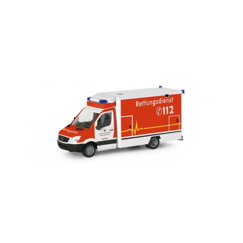 Model redukcyjny karetki Mercedes Benz Sprinter, skala 1:87, Herpa. Czerwony i biały, z napisem "Rettungsdienst 112".