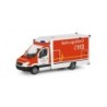 Model redukcyjny karetki Mercedes Benz Sprinter, skala 1:87, Herpa. Czerwony i biały, z napisem "Rettungsdienst 112".