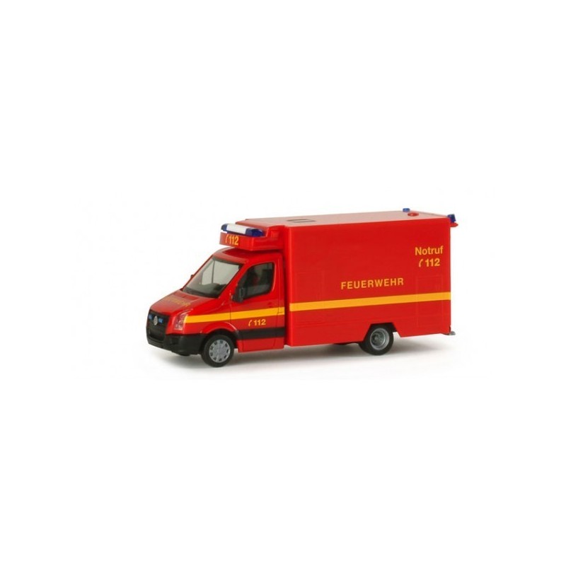 Model redukcyjny VW Crafter Fahrtec RTW "Feuerwehr", skala 1:87, Herpa. Czerwony, z żółtymi pasami i napisem FEUERWEHR.