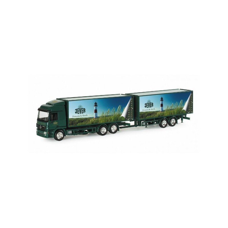 Model redukcyjny Mercedes-Benz Actros LH "Jever", skala 1:87, Herpa. Zielony ciągnik siodłowy z naczepą, logo "Jever".
