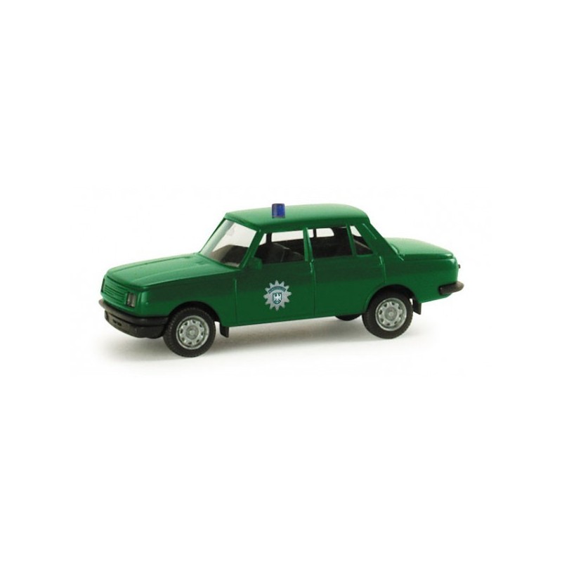 Model redukcyjny Wartburg 353 '85 "Border Patrol", skala 1:87, Herpa. Zielony, z niebieskim kogutem i białym logo.