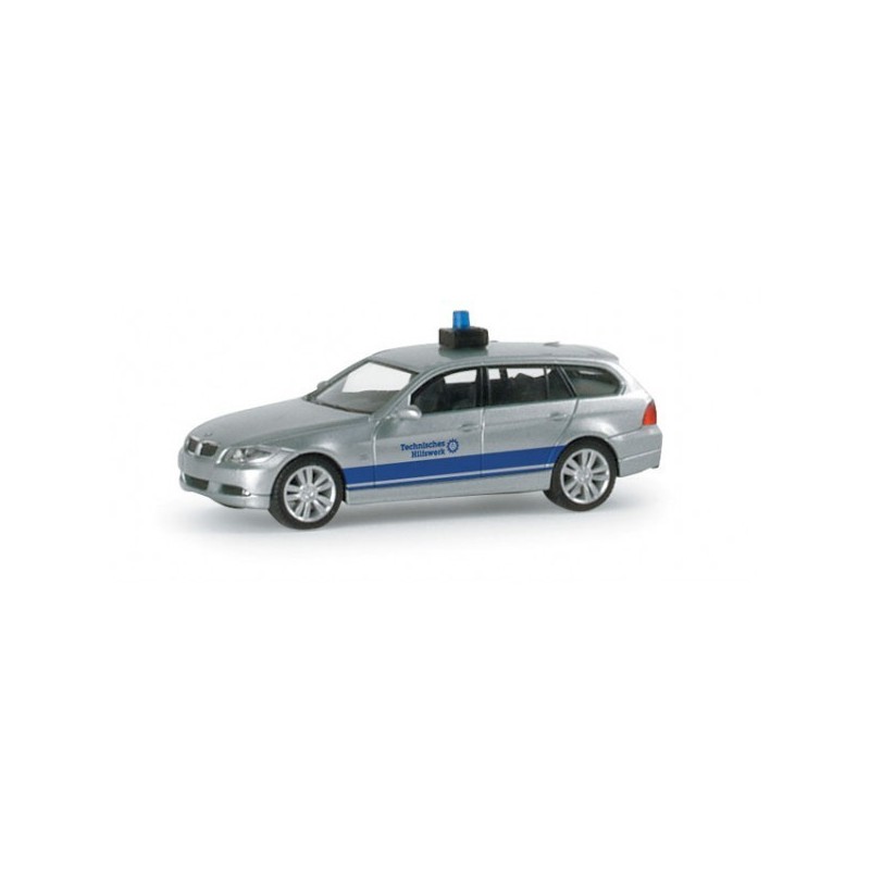 Model redukcyjny BMW 3 Touring, skala 1:87, Herpa. Srebrny z niebieskim paskiem, oznaczenia THW LV Berlin, Brandenburg, Saksonia