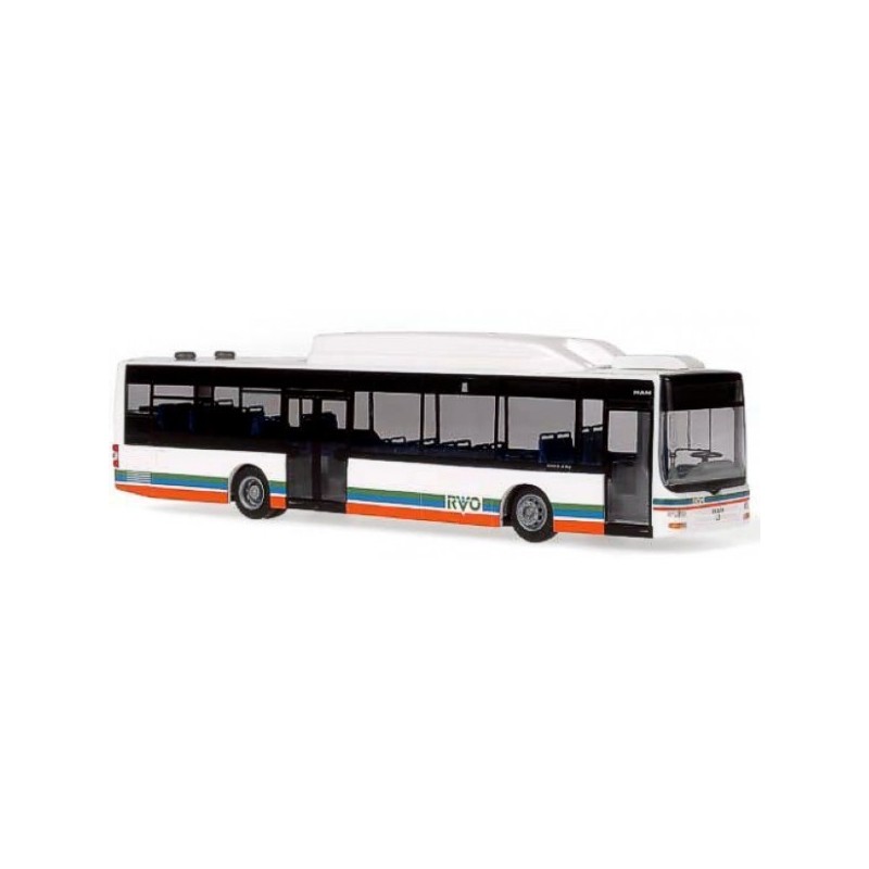 Model redukcyjny autobusu MAN Lion's City RVO, skala 1:87, Rietze. Biały korpus, pomarańczowo-zielone paski, logo RVO.