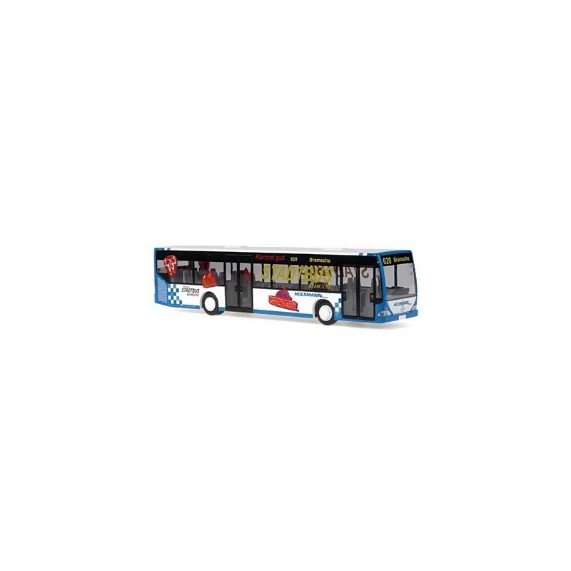 Mercedes-Benz Citaro Stadtbus Bramsche, skala 1:87. Biały i niebieski autobus z czerwonym logo.