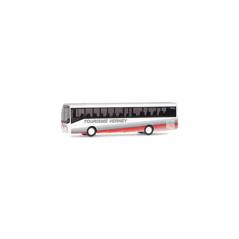 Model redukcyjny autobusu IRISBUS Ares Tourisme Verney, skala 1:87. Biały, czerwone i szare paski, napis "TOURISME VERNEY".