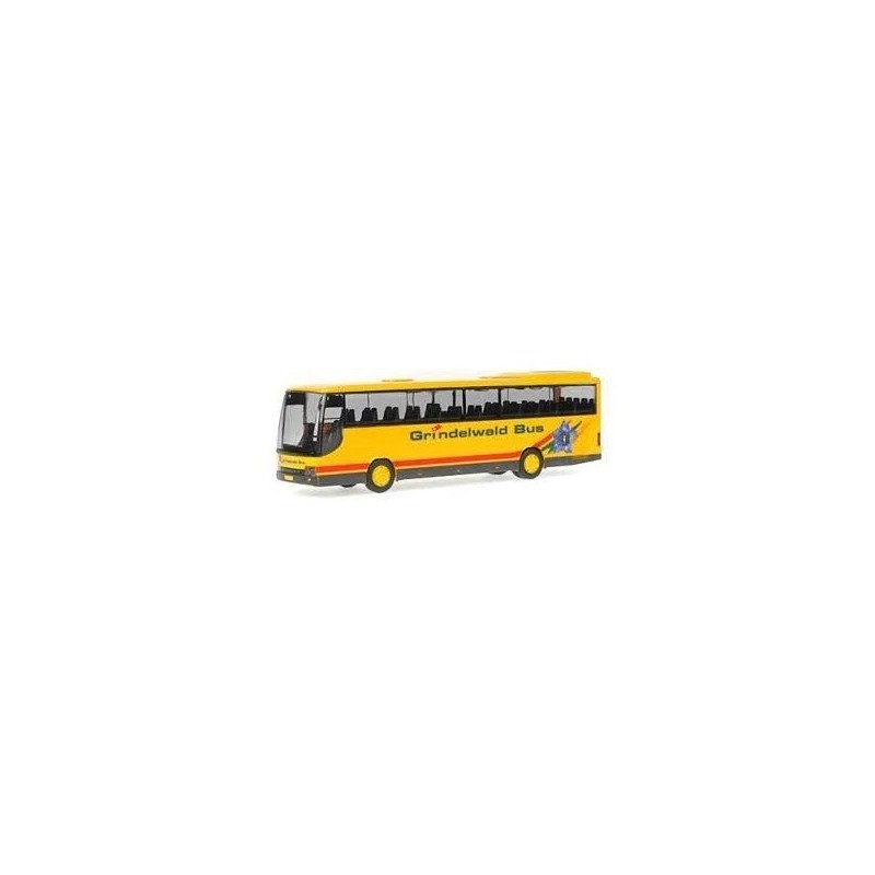 Model redukcyjny autobusu SETRA S315GT Grindelwald Bus, skala 1:87, żółty z czerwonym paskiem i logo.