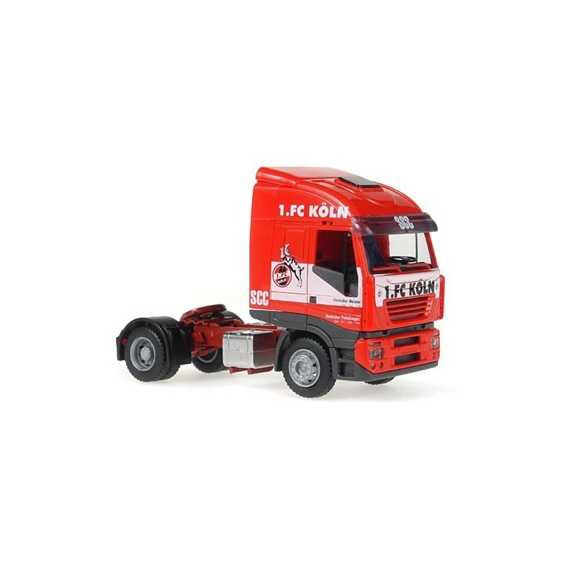 IVECO Stralis, 1:87, czerwony z białymi akcentami, logo 1. FC Köln i SCC Bremen.
