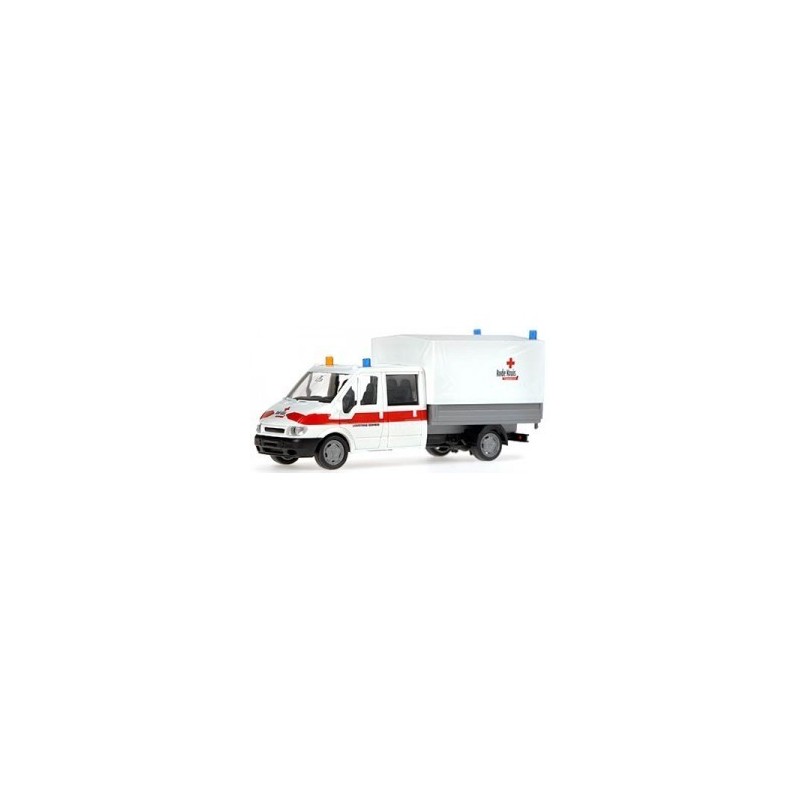 Model redukcyjny FORD Transit Rode Kruis, skala 1:87. Biały samochód z czerwonym paskiem i logo Czerwonego Krzyża.