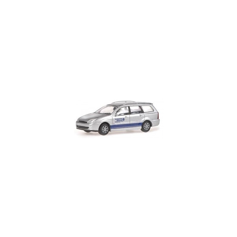 Model redukcyjny Ford Focus Turnier THW, Koblenz, skala 1:87, srebrny z niebieskim paskiem.