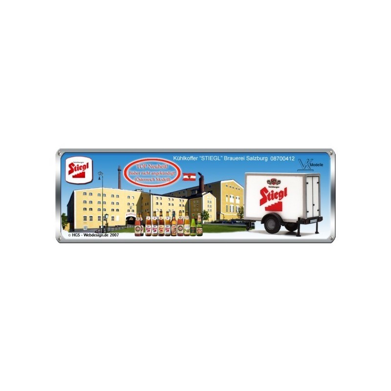 Model redukcyjny przyczepy "STIEGL", skala 1:87. Biała chłodnia z logo browaru Stiegl.