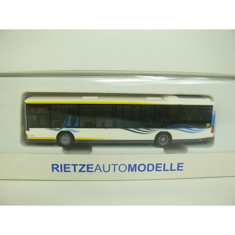 Model redukcyjny autobusu Setra 315 Lorient, skala 1:87, Rietze. Biały z niebieskimi i żółtymi detalami.