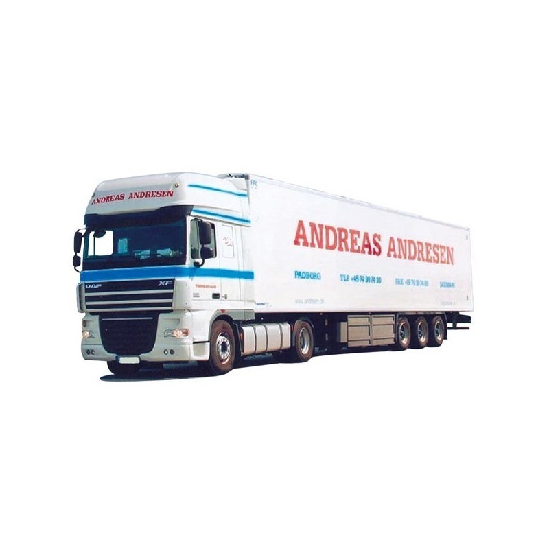 Model DAF XF 105 SSC/Aerop. - Kühl-KSZ, skala 1:87, AWM. Biały ciągnik siodłowy z naczepą chłodnią, czerwone logo firmy Andreas 