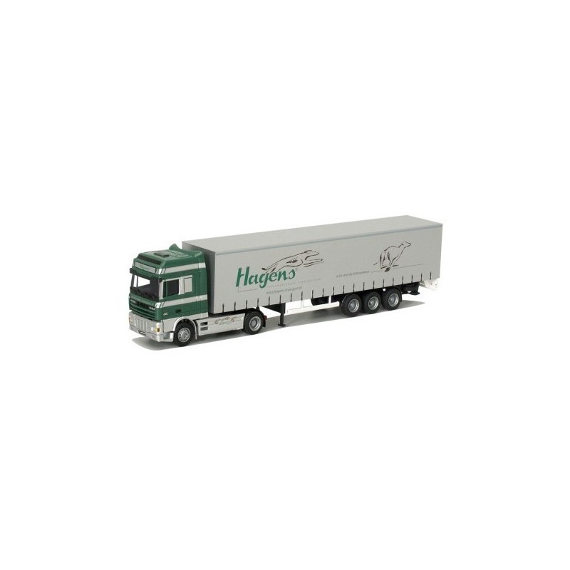 Model DAF XF SSC, skala H0, AWM. Zielono-szary, z naczepą, logo Hagéns.