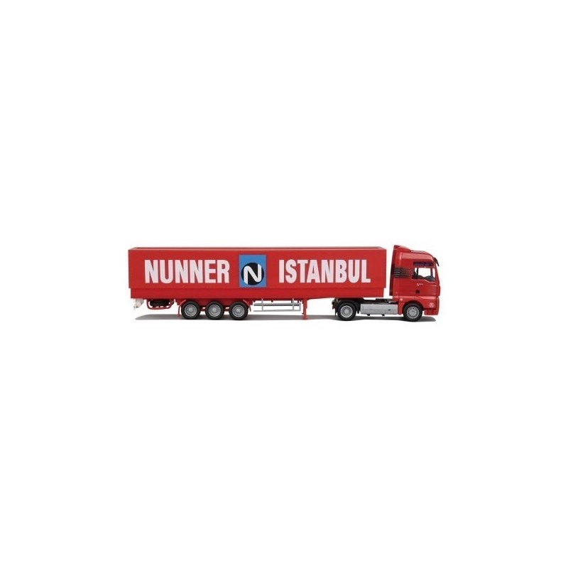 Model redukcyjny MAN TG-A, skala nieznana, AWM. Czerwony ciągnik siodłowy z naczepą, logo "Nunner Istanbul".