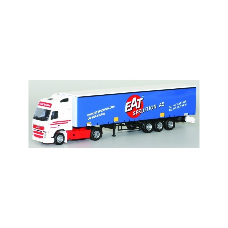 Model redukcyjny Volvo "NEU" XL / Aerop. - G-KSZ, skala 1:87, AWM. Biała i czerwona ciężarówka z niebieską naczepą, logo EAT SPE