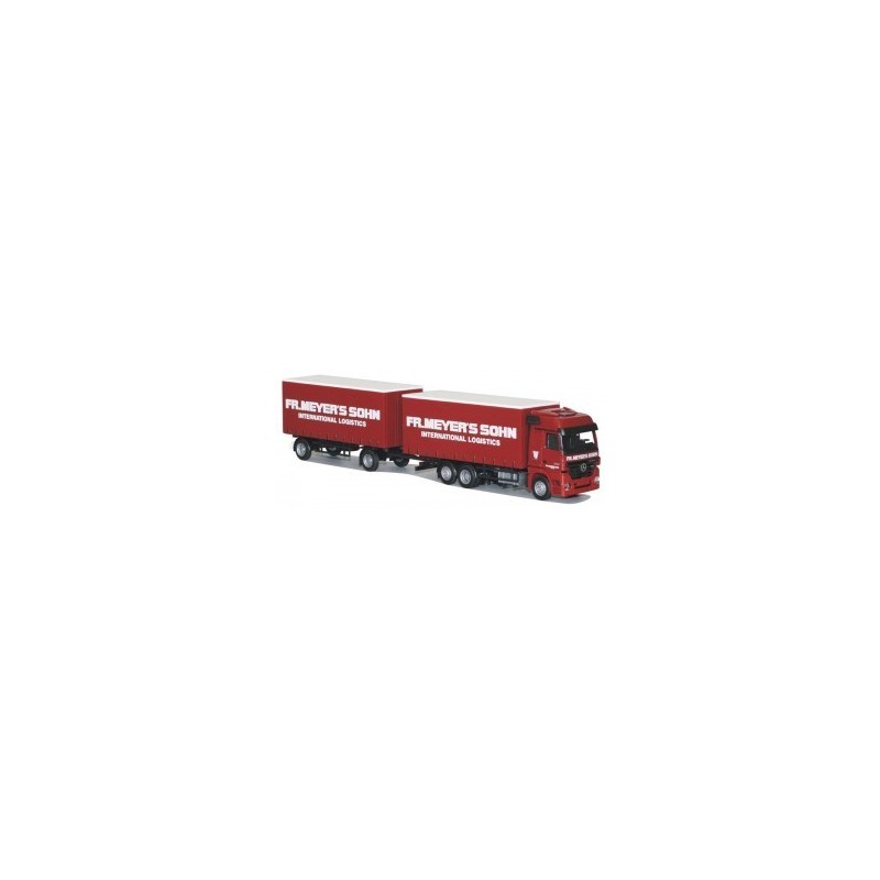 Model redukcyjny Mercedes-Benz Actros MP2, skala 1:87, AWM. Czerwony, z naczepą, logo Fr. Meyer's Sohn.