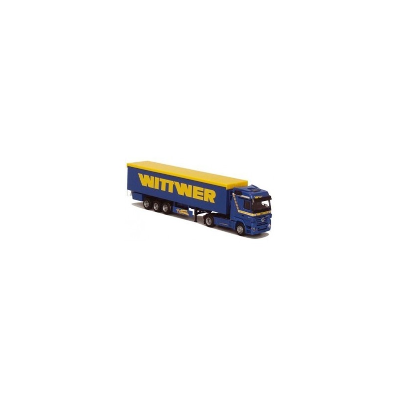 Model redukcyjny Mercedes-Benz Actros MP2, skala 1:87, AWM. Niebieska i żółta ciężarówka z naczepą, logo Wittwer.