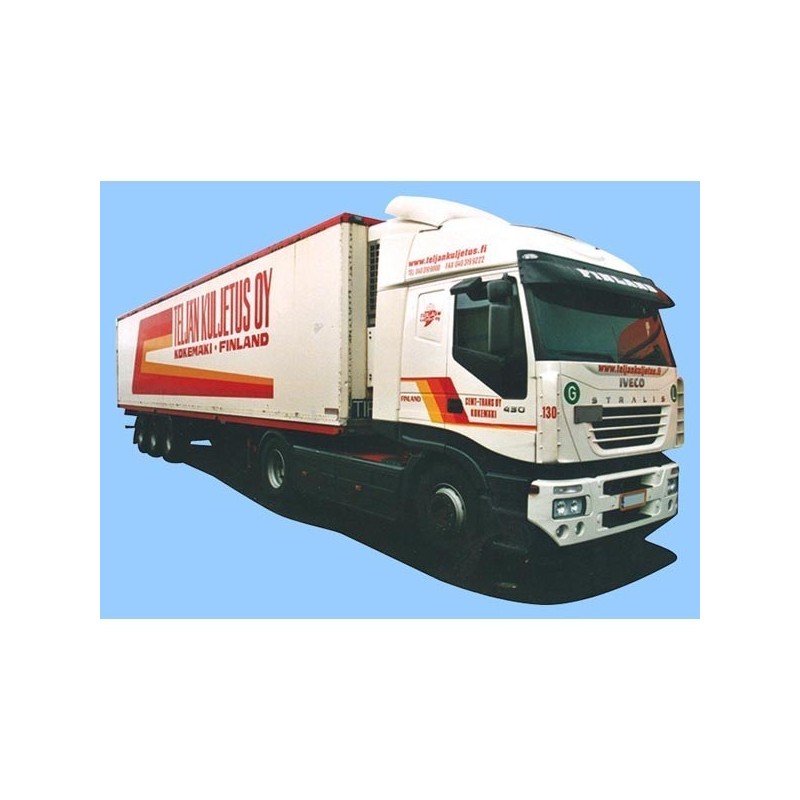 Iveco Stralis, skala 1:87, AWM. Biały, czerwony i żółty kontener chłodnia z logotypem firmy Telian Kuljetus Oy z Finlandii.