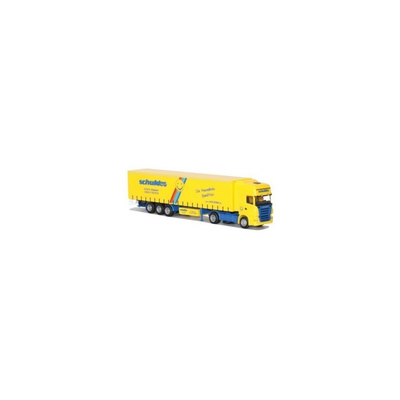 Model Scania "R" Topl./Aerop. G-KSZ (AWM73662), skala 1:87, AWM. Żółto-niebieski samochód ciężarowy z naczepą.