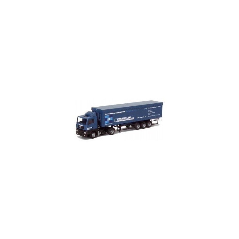 Model MAN TG-A XL, skala 1:87, AWM. Niebieska ciężarówka z naczepą, logo Heidorn.