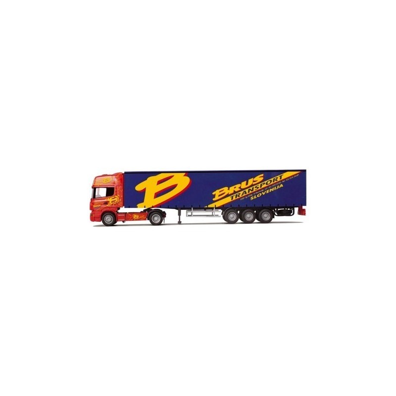 Model Scania "R" Topl./Aerop. - G-KSZ, AWM, 1:87, czerwony z naczepą, logo Brus Transport.