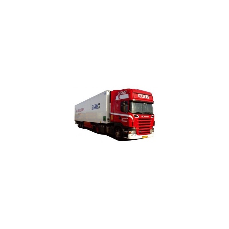 Model Scania R, skala 1:87, AWM. Czerwony ciągnik siodłowy z białą naczepą chłodnią, logo HPT.