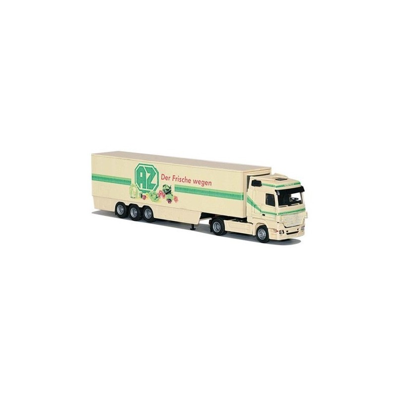 Model redukcyjny Mercedes-Benz Actros MP2, skala 1:87, AWM. Biała chłodnia z zielonymi paskami i logo "AZ Der Frische wegen".