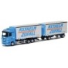 Model redukcyjny MB Actros MP2, skala 1:87, AWM. Niebieski ciągnik siodłowy z naczepą Axthelm Zufall.
