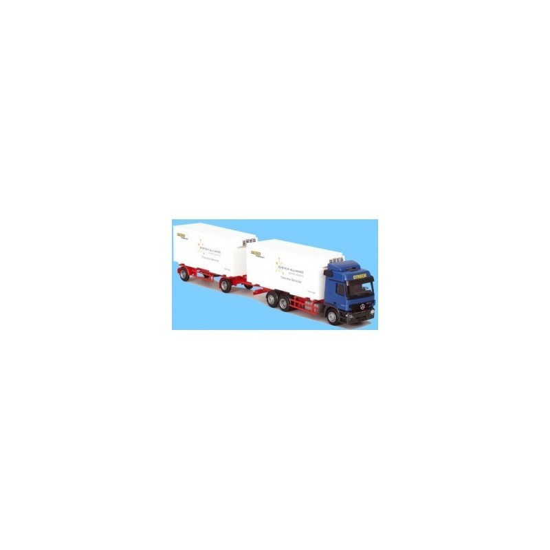 Model redukcyjny MB Actros MP2 L - Kühl-WKHZ, skala 1:87, AWM. Niebieski samochód ciężarowy z białymi naczepami chłodniami.