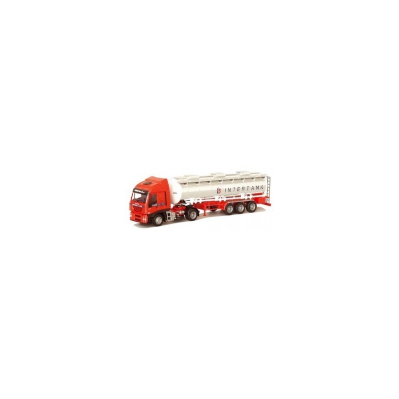 Model redukcyjny Iveco Stralis, skala nieokreślona, AWM. Czerwony ciągnik siodłowy z białą cysterną, logo Intertank.