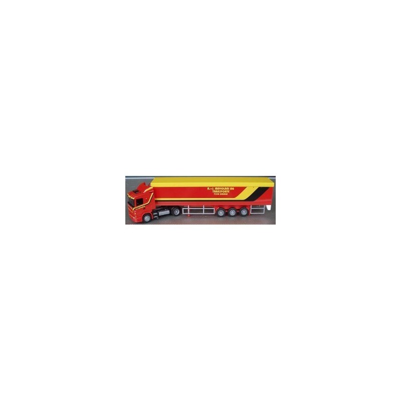 Model Scania "R" / Aerop. - Schubboden-SZ, skala 1:87, AWM. Czerwony, żółty i czarny, detale naczepy.