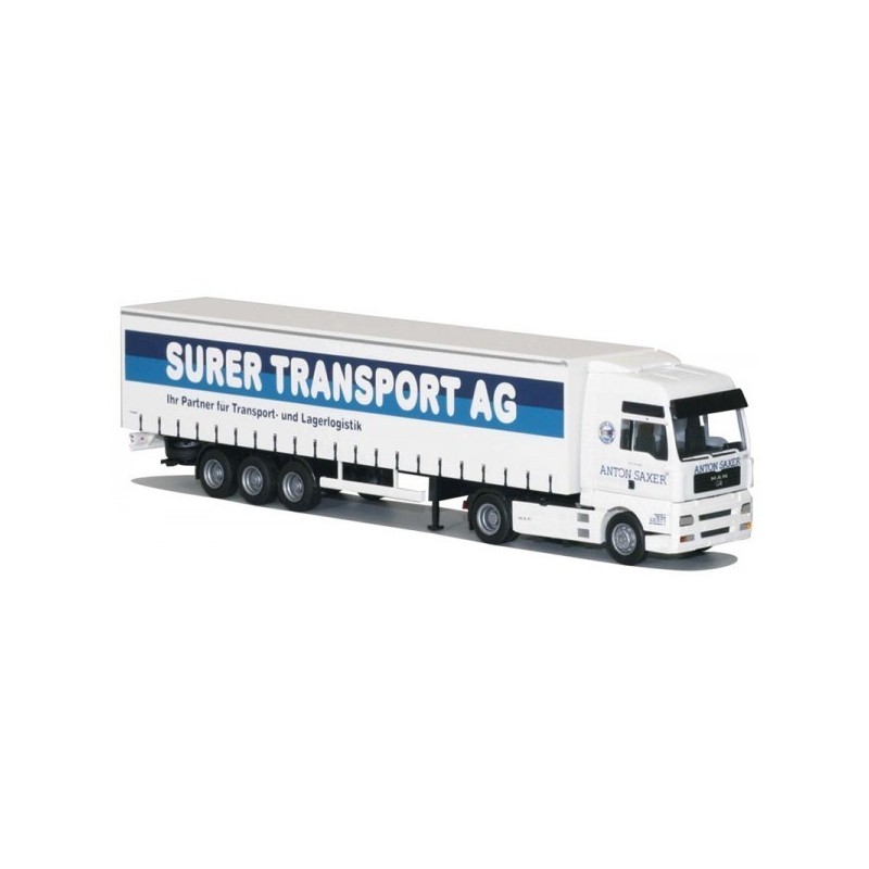 Model redukcyjny MAN TG-A, skala 1:87, AWM. Biały ciągnik siodłowy z naczepą, logo Surer Transport AG.