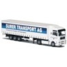 Model redukcyjny MAN TG-A, skala 1:87, AWM. Biały ciągnik siodłowy z naczepą, logo Surer Transport AG.