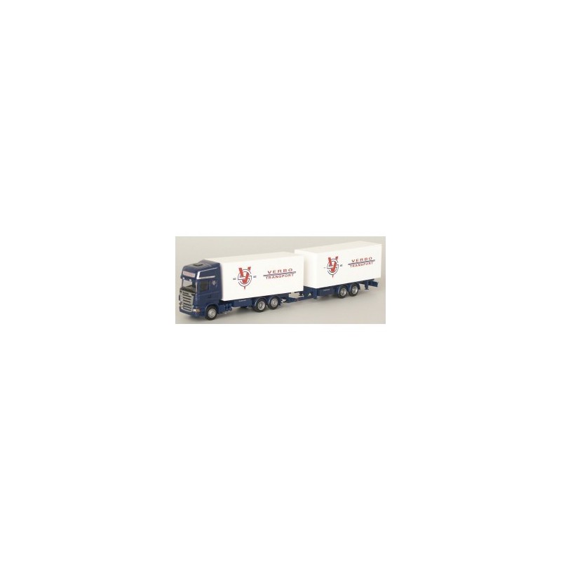 Model Scania "R" Topl. - KtaHZ, skala 1:87, AWM. Niebieski ciągnik z białymi naczepami, logo Verro Transport.