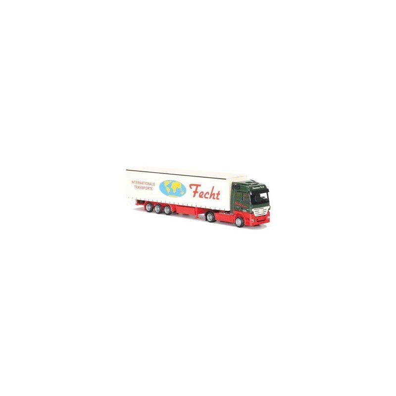 Model redukcyjny Mercedes-Benz Actros MP2, skala 1:87, AWM. Zielony kabotażowiec z białą naczepą, logo "Fecht" i napis "Internat
