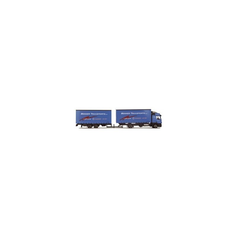 Model redukcyjny Mercedes-Benz Actros MP2 L, skala 1:87, AWM. Niebieska ciężarówka z naczepą, logo Bekker Transporte.