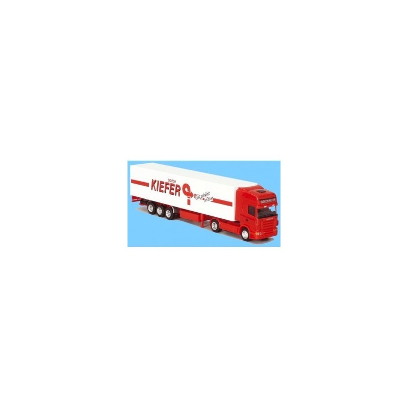 Model Scania "R" z naczepą chłodnią, skala 1:87, AWM73620. Czerwono-biała chłodnia z logo Kiefer.