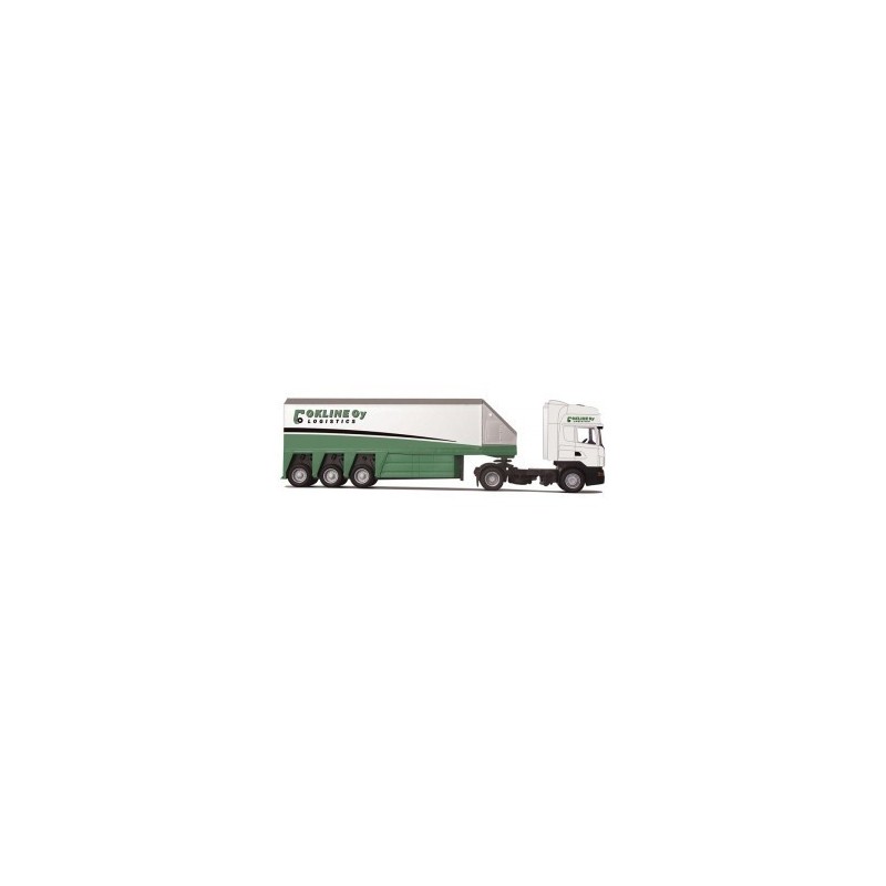 Model Scania "R" Topl./Aerop. - Innenlader-SZ, skala 1:87, AWM. Zielono-biały, z logo firmy logistycznej.