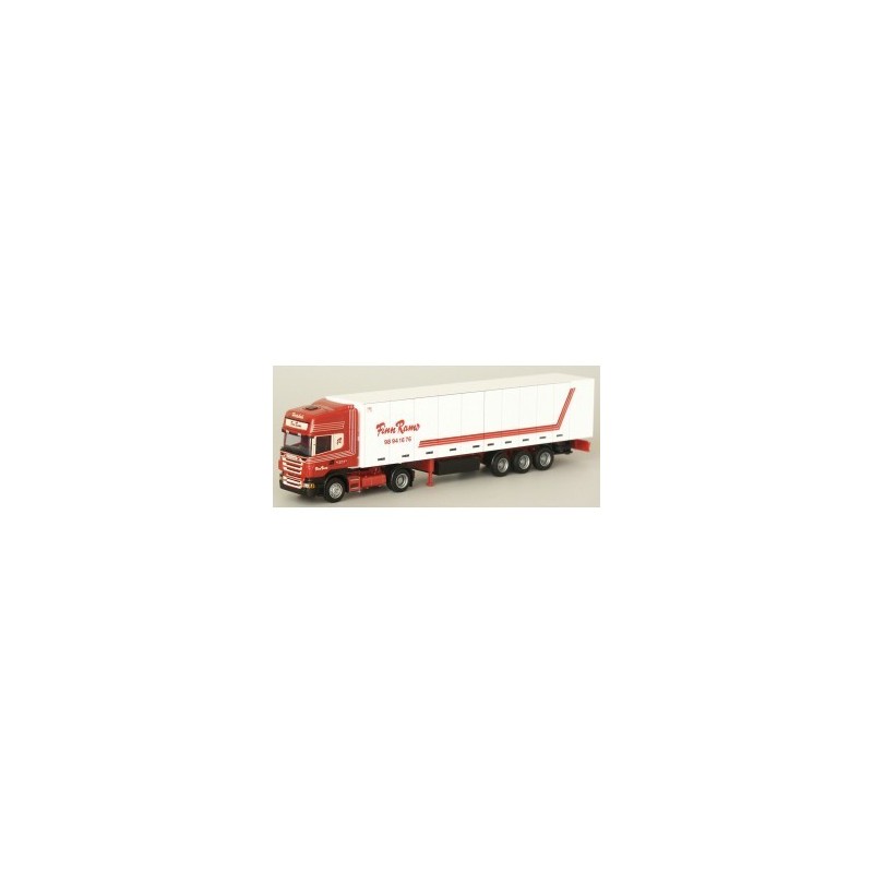 Model Scania "R" z naczepą chłodnią, skala 1:87, AWM. Czerwony ciągnik z białą naczepą.