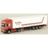 Model Scania "R" z naczepą chłodnią, skala 1:87, AWM. Czerwony ciągnik z białą naczepą.